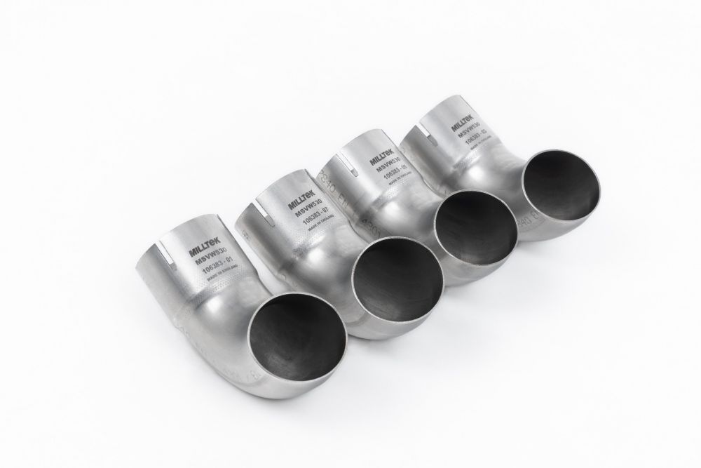 Close-up of polished silver Milltek Sport exhaust tips for the 2022+ Volkswagen Tiguan R-Line 2.0TSI 4Motion (part SSXVW742)