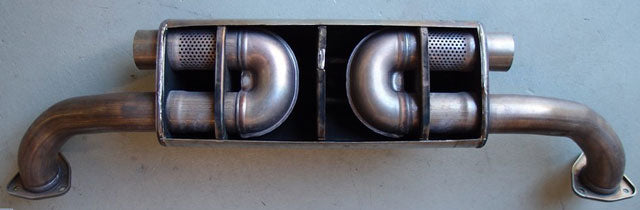 A top view of Shark Werks Sport Exhaust for Porsche 997.2 Carrera / S / 4 / 4S / GTS showing Restrictive U-bends on the ground