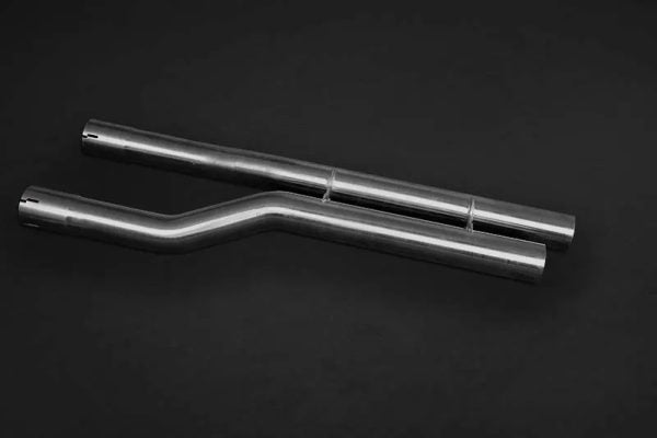 close view of Capristo Straight Pipes for Ferrari Portofino 2017–2020 with black background