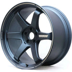 A front view of Volk Racing TE37 Ultra M-Spec Wheel 19x10.5 5x114.3 31mm Matte Blue Gunmetal with white background