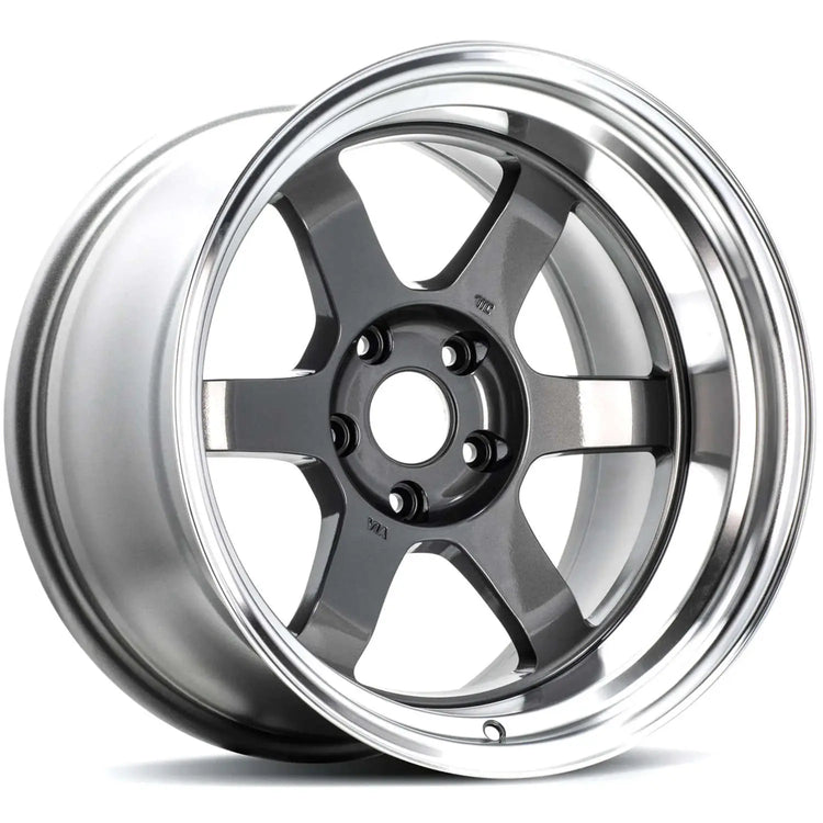 A front view of Volk Racing TE37V Mark-II Wheel 18x10 5x114.3 -25mm Gunmetal with white background