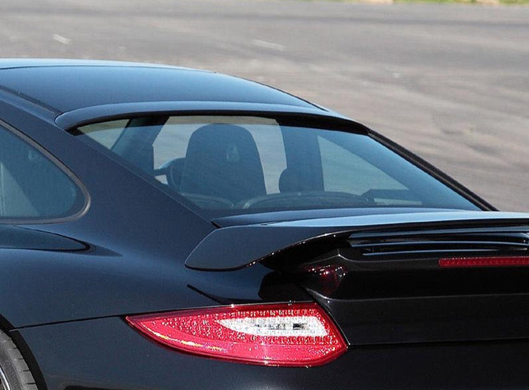A close up back view of TECHART Roof Spoiler PU-RIM Porsche 991 Carrera / Turbo / GT3 fitted on a car
