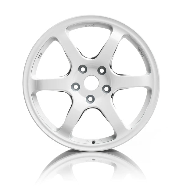 A front view of the Titan 7 T-D6 LE FORGED 6 SPOKE Wheels with a white background in Speedline White for SUBARU WRX STI 2008+, WRX 2015+.