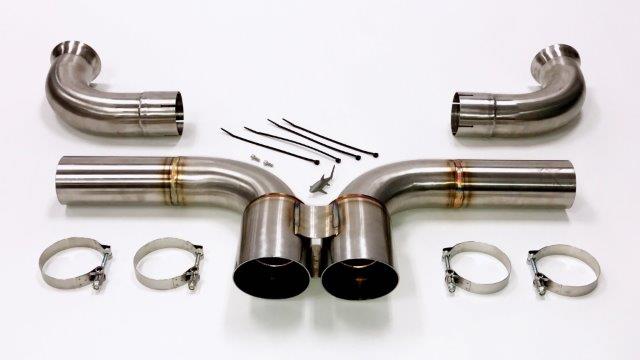 A top view of Shark Werks Track Exhaust for Porsche 997 / 997.2 GT3 / RS and all its parts with white background