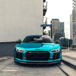 wide view of TRE Pre-Preg Carbon Fibre Competition Front Splitter for Audi R8 4S 2015+ fitted inside a car