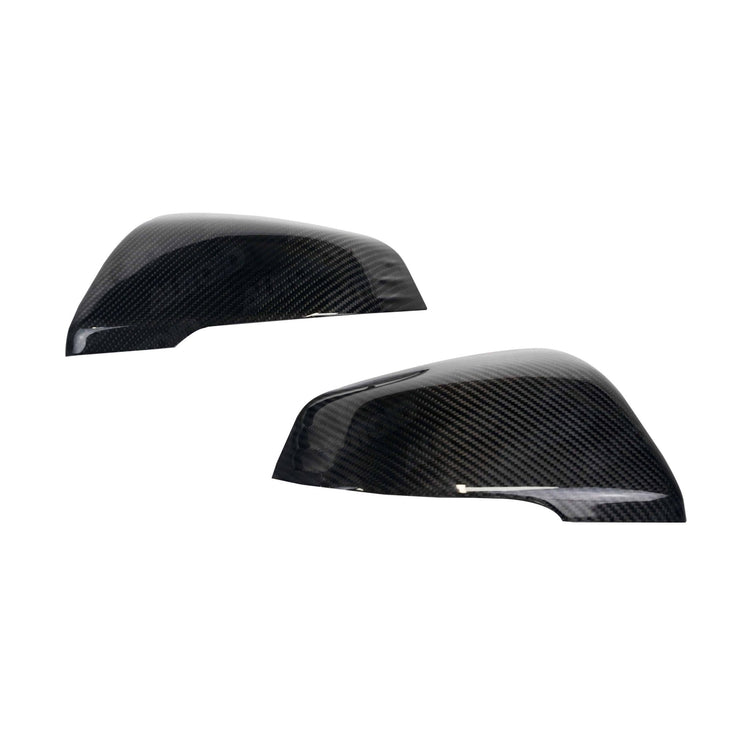 wide view of TRE Pre-Preg Carbon Fibre Wing Mirror Covers for BMW 1 Series F40 / 2 Series F44 / Toyota Supra 2018+ with white background