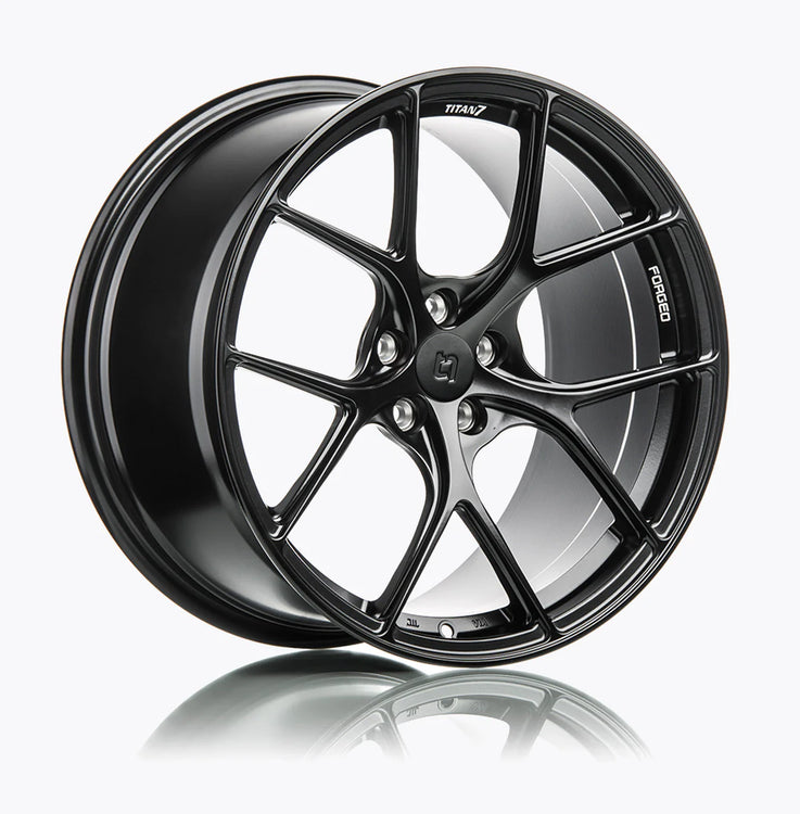 A side view of 7 T-S5 Forged Split 5 Spoke Exotic Wheels in Machine Black for ALFA ROMEO 4C 2013-2022