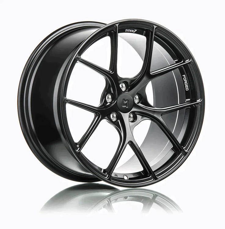 A side view of 7 T-S5 Forged Split 5 Spoke Exotic Wheels in Machine Black for BMW F87 M2 COMPETITION ZCP 2018-2023