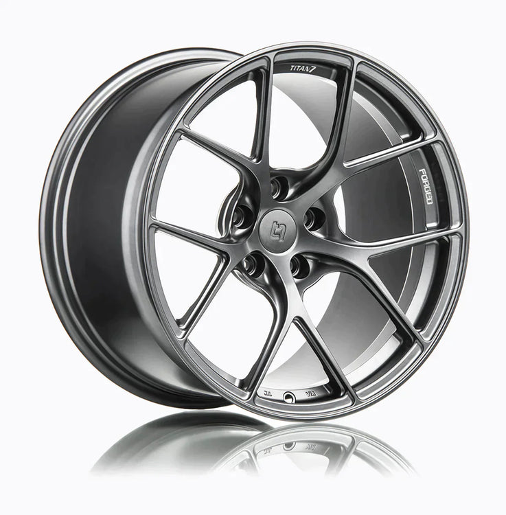 A side view of 7 T-S5 Forged Split 5 Spoke Exotic Wheels in Satin Titanium for AUDI R8 19" 2016-2023