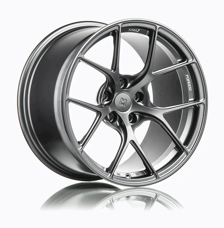 A side view of 7 T-S5 Forged Split 5 Spoke Exotic Wheels in Satin Titanium for BMW 18" E46 M3 2001-2006