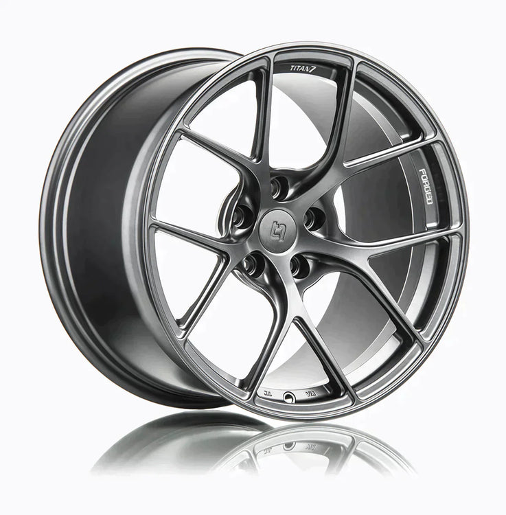A side view of 7 T-S5 Forged Split 5 Spoke Exotic Wheels in Satin Titanium for BMW 18" E9X M3 2008-2013