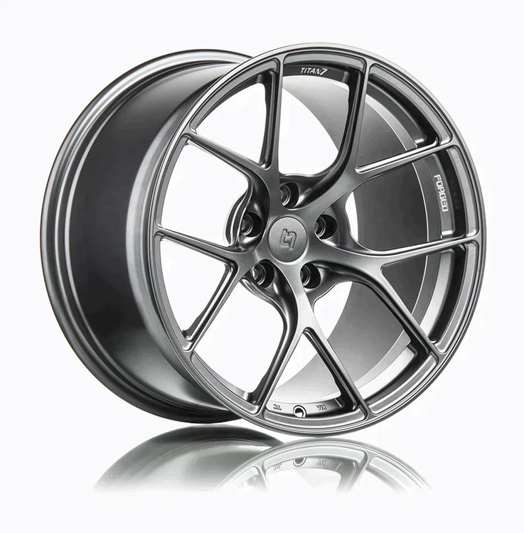 A side view of 7 T-S5 Forged Split 5 Spoke Exotic Wheels in Satin Titanium for BMW F90 M5 2018-2023