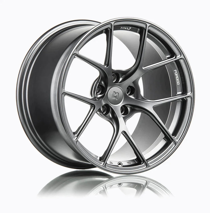 A side view of 7 T-S5 Forged Split 5 Spoke Exotic Wheels in Satin Titanium for AUDI R8 19" 2008-2015