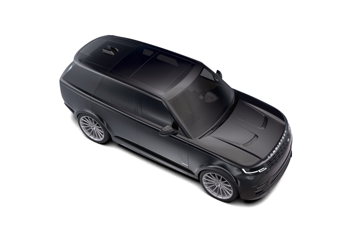 Black Range Rover Vogue overhead three-quarter with the 1016 full body kit, render