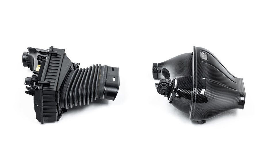 A top view of the intake parts of the Eventuri Carbon Intake System for Mercedes G63 AMG 2019-2025 on a white background