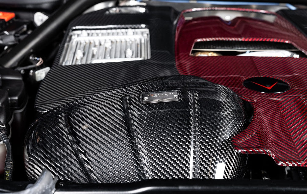 A close up view of the Eventuri Carbon Intake System for Mercedes G63 AMG 2019-2025 fitted in the car