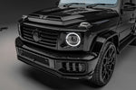 Front three-quarter view of a black Mercedes-AMG G63 W465 with the Urban Bullnose hood