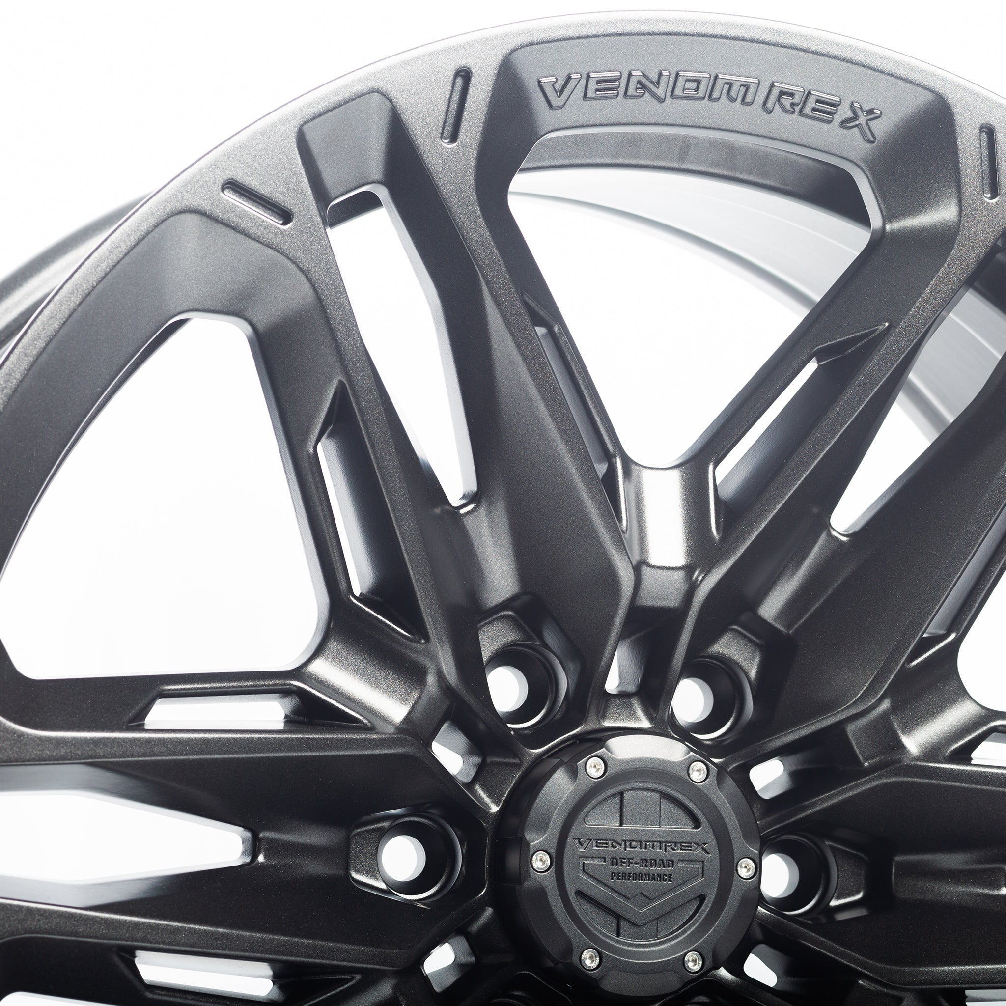 Vorsteiner Venomrex VR-604 spokes and engraved lip close-up in Carbon Graphite, for Dodge Ram 1500