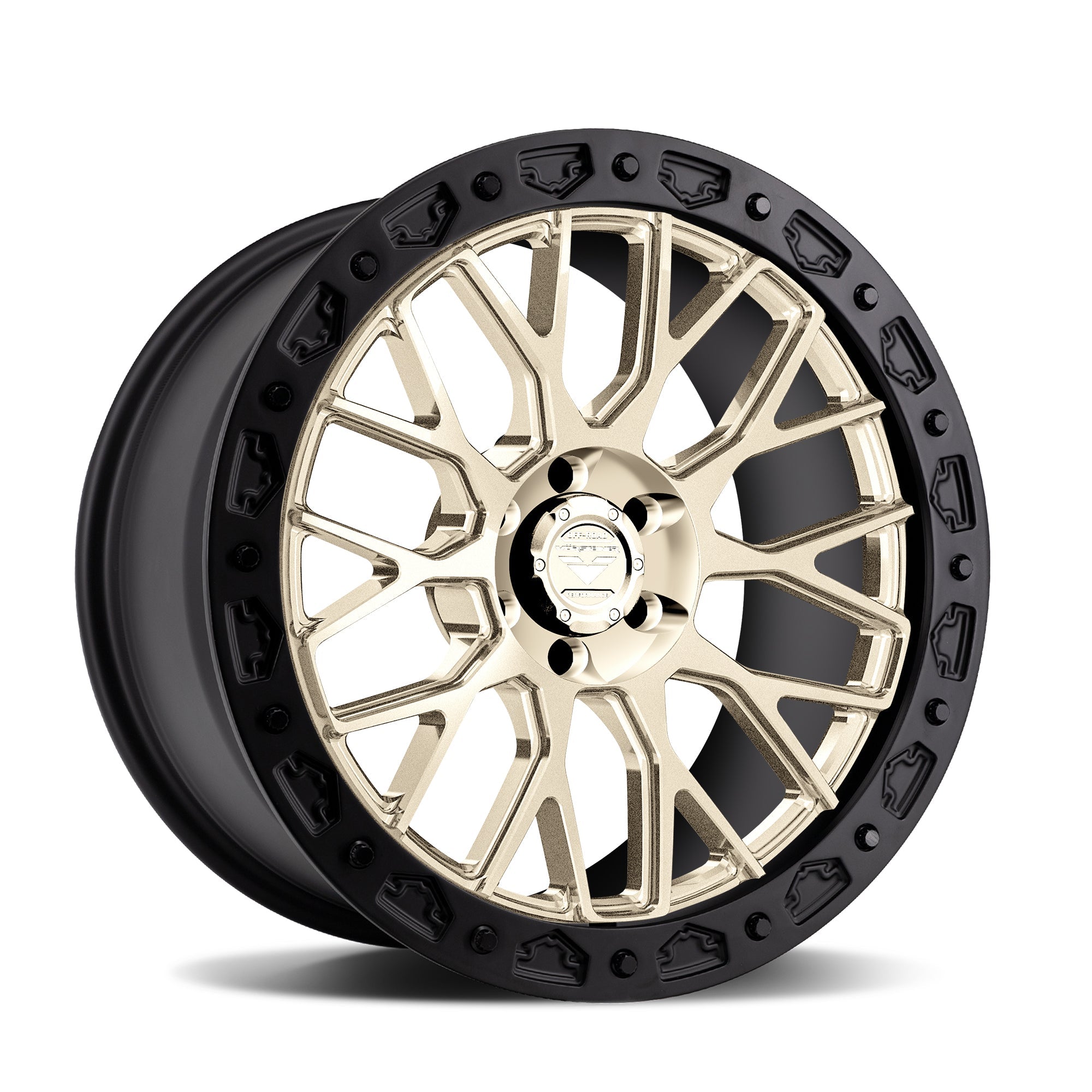 Vorsteiner Venomrex VR-605BL wheel in White Gold, angled view, for Ford Bronco