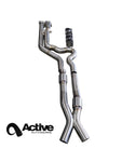 Active Autowerke F97 EL mid pipe Gen 2 at an angle, resonators on both pipes