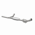 MagnaFlow 447110 carb direct-fit catalytic converter, opposite rear three-quarter view of the turntable spin