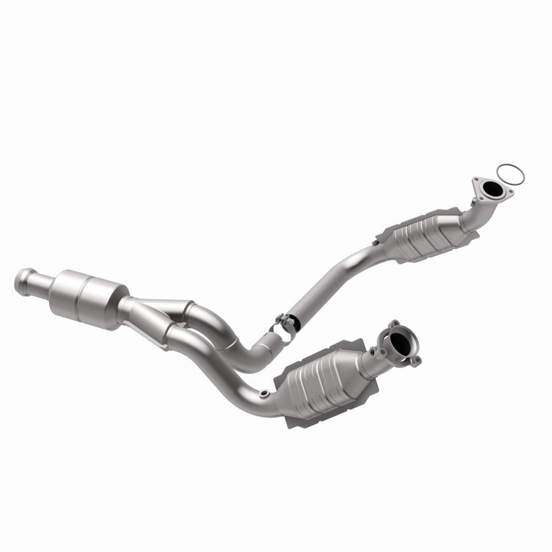 MagnaFlow 5481578 carb direct-fit catalytic converter, opposite rear three-quarter view of the turntable spin