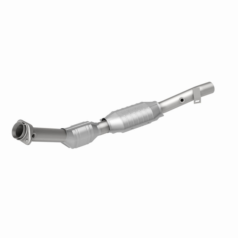 MagnaFlow 93329 hm grade direct-fit catalytic converter, front three-quarter view of the turntable spin