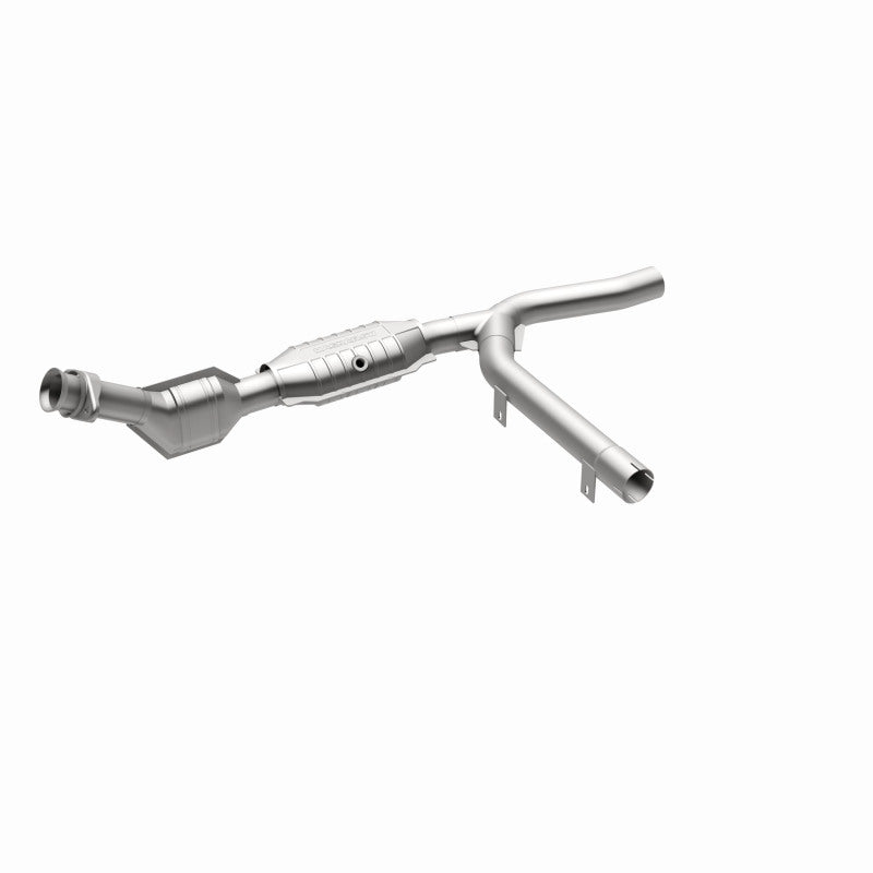 MagnaFlow 93122 hm grade direct-fit catalytic converter, front three-quarter view of the turntable spin