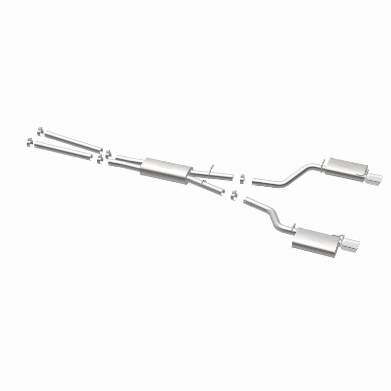 MagnaFlow 15628 street series cat-back exhaust, opposite rear three-quarter view of the turntable spin