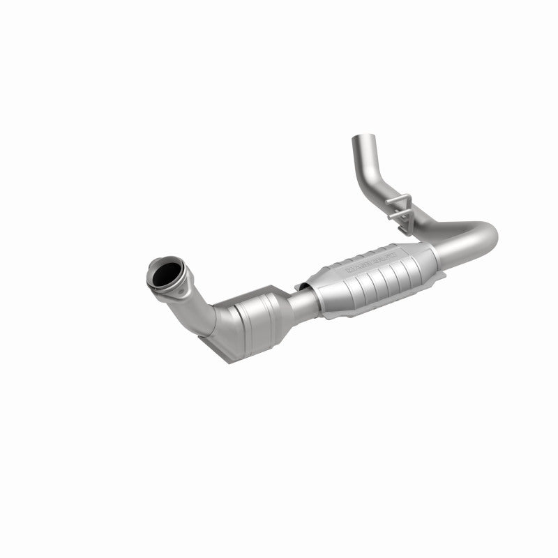 MagnaFlow 447117 carb direct-fit catalytic converter, front three-quarter view of the turntable spin