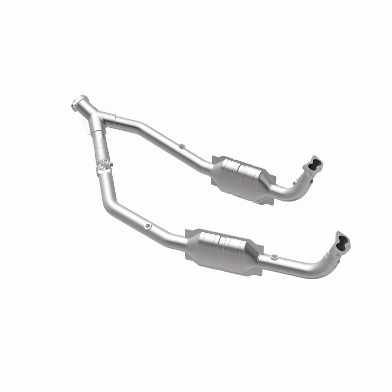 MagnaFlow 4551028 carb direct-fit catalytic converter, opposite rear three-quarter view of the turntable spin