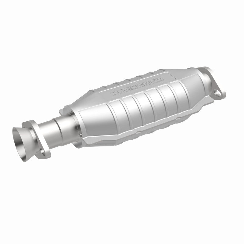 MagnaFlow 93286 hm grade direct-fit catalytic converter, front three-quarter view of the turntable spin