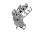MagnaFlow 452029 carb manifold converter, opposite front three-quarter view of the turntable spin