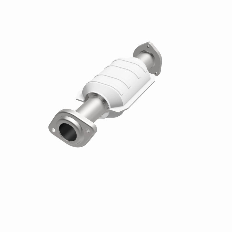 MagnaFlow 93208 hm grade direct-fit catalytic converter, opposite front three-quarter view of the turntable spin