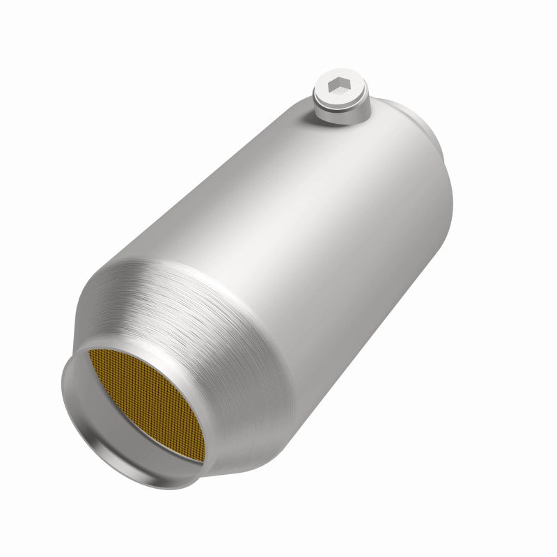 MagnaFlow 551036 universal catalytic converter, opposite front three-quarter view of the turntable spin