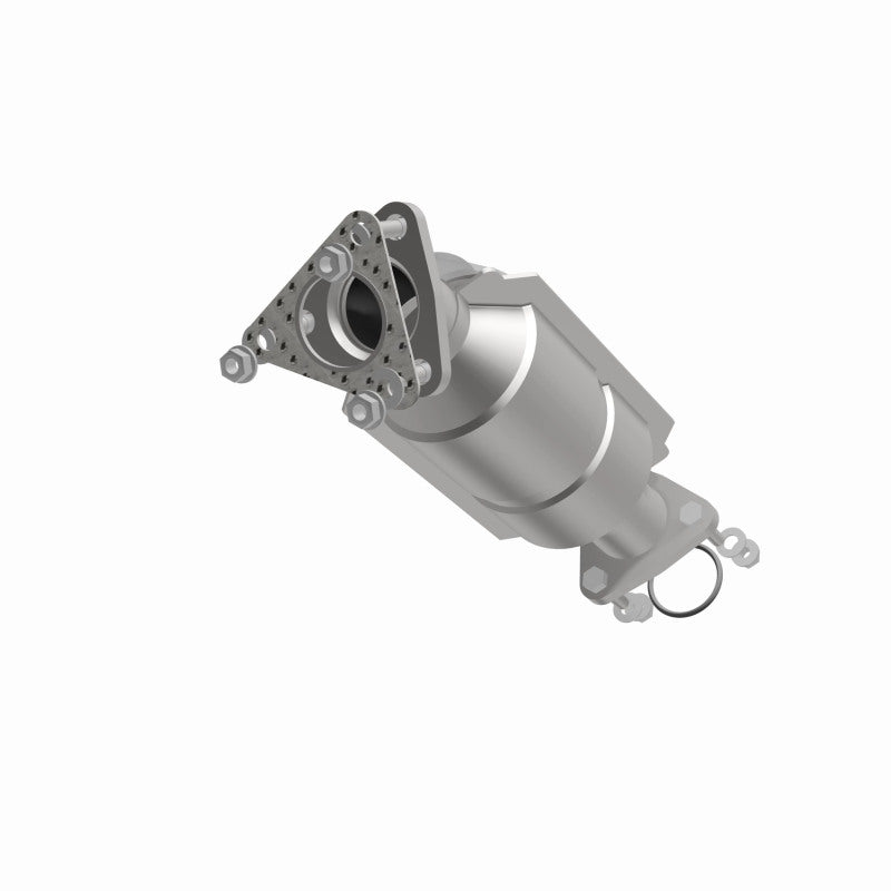 MagnaFlow 447199 carb direct-fit catalytic converter, opposite front three-quarter view of the turntable spin