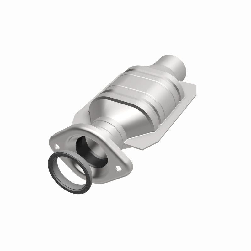 MagnaFlow 93268 hm grade direct-fit catalytic converter, opposite front three-quarter view of the turntable spin