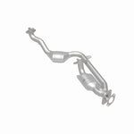 MagnaFlow 441113 carb direct-fit catalytic converter, rear three-quarter view of the turntable spin