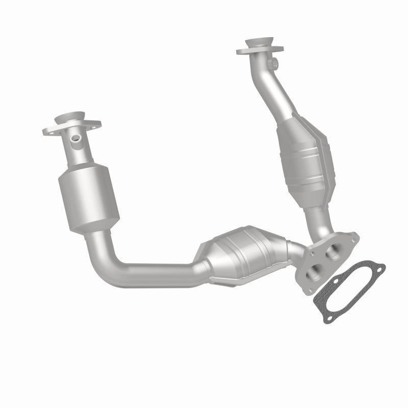 MagnaFlow 441118 carb direct-fit catalytic converter, rear three-quarter view of the turntable spin
