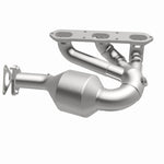 MagnaFlow 52329 oem grade manifold converter, opposite front three-quarter view of the turntable spin