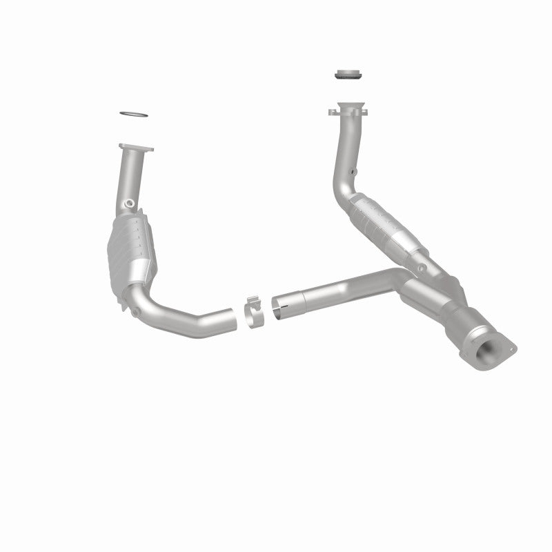 MagnaFlow 49650 oem grade direct-fit catalytic converter, rear three-quarter view of the turntable spin