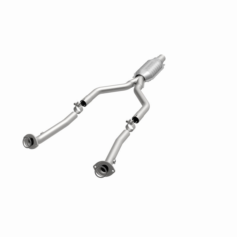 MagnaFlow 24169 hm grade direct-fit catalytic converter, opposite front three-quarter view of the turntable spin