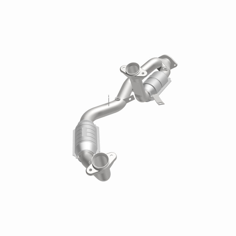 MagnaFlow 444033 carb direct-fit catalytic converter, opposite front three-quarter view of the turntable spin