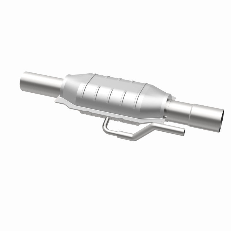 MagnaFlow 95221 hm grade direct-fit catalytic converter, opposite rear three-quarter view of the turntable spin