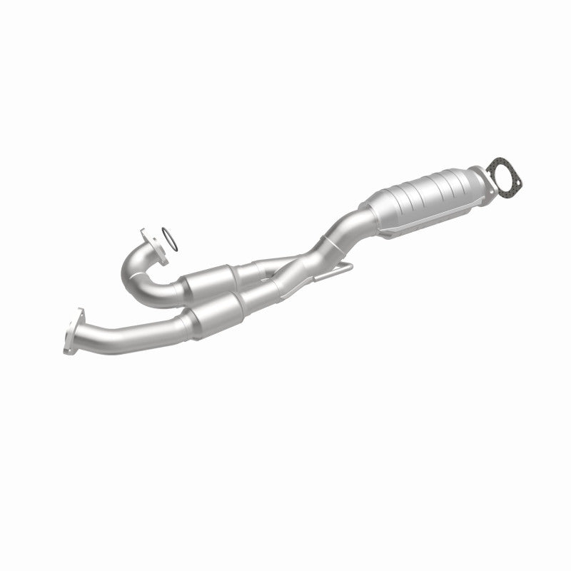 MagnaFlow 93361 hm grade direct-fit catalytic converter, front three-quarter view of the turntable spin