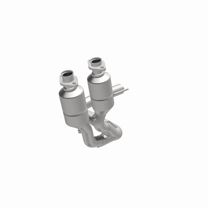 MagnaFlow 458053 carb direct-fit catalytic converter, opposite front three-quarter view of the turntable spin