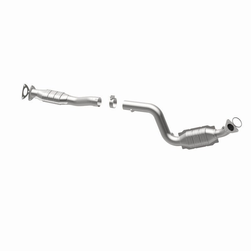 MagnaFlow 447273 carb direct-fit catalytic converter, opposite rear three-quarter view of the turntable spin