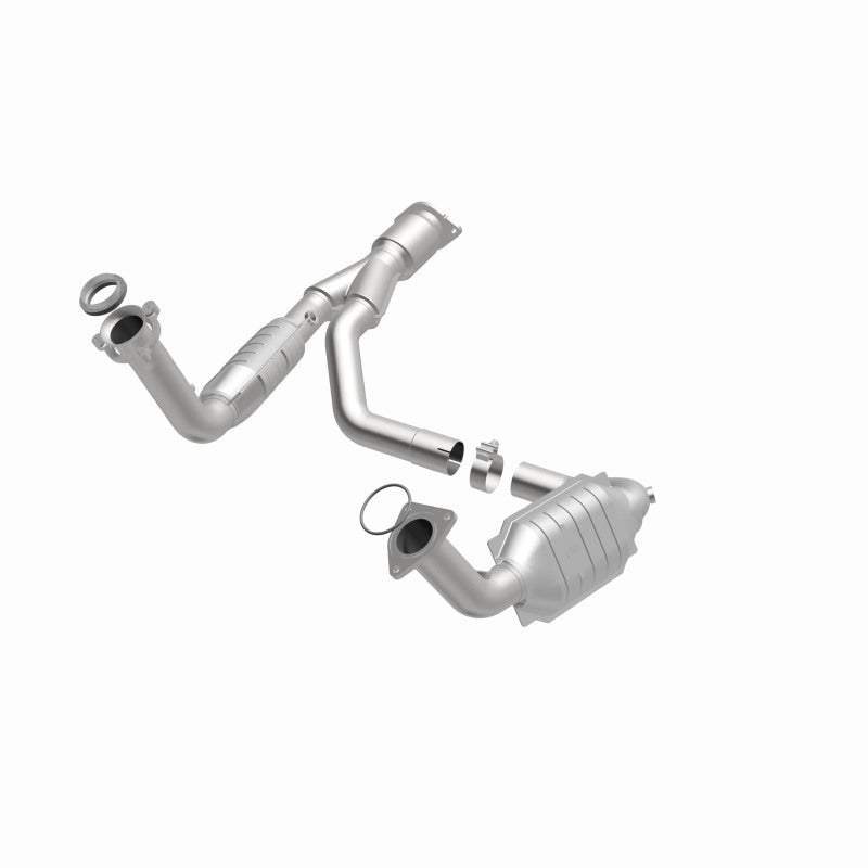 MagnaFlow 49650 oem grade direct-fit catalytic converter, opposite front three-quarter view of the turntable spin