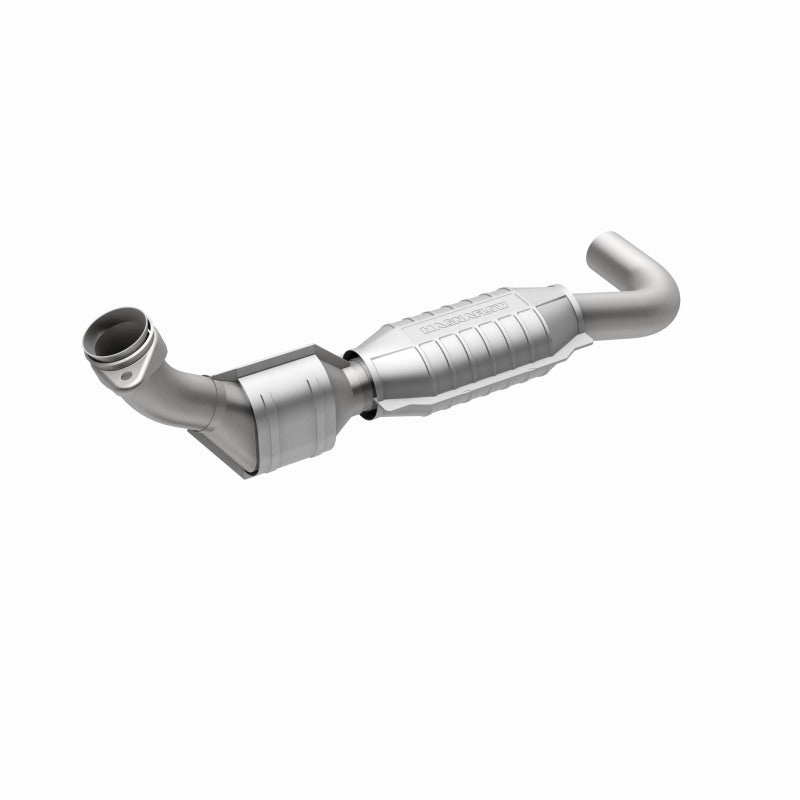 MagnaFlow 93447 hm grade direct-fit catalytic converter, front three-quarter view of the turntable spin