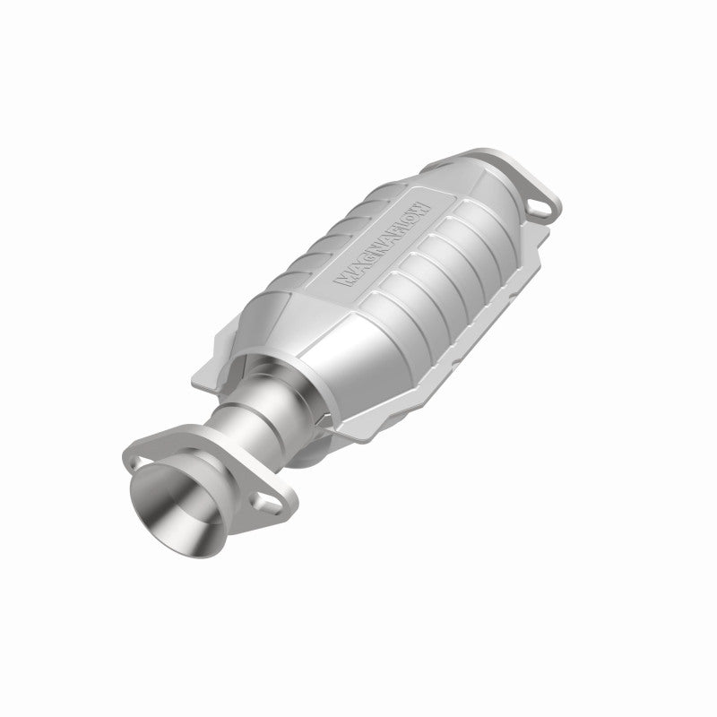 MagnaFlow 93286 hm grade direct-fit catalytic converter, opposite front three-quarter view of the turntable spin
